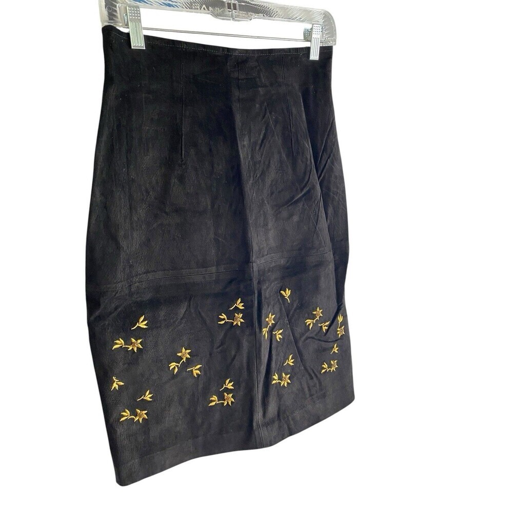 Vintage Pia Rucci Suede Leather Skirt Women's Size 10 Black Embroidered Beaded - Picture 2 of 4